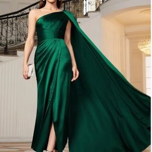 Luxe Green One shoulder party formal evening Prom Satin Wedding dress